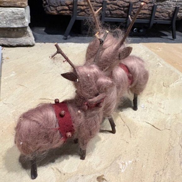 Pair of Whimsical Handmade Christmas Holiday Winter Rustic Reindeer with Bells - Picture 3 of 7